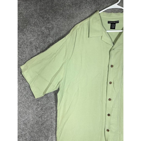 Consensus Sportswear Silk Short Sleeve Button Up Shirt Mens Large Green Pocket - Picture 5 of 14